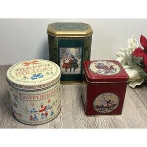 Set Of 3 Assorted Vintage Metal Christmas Tins Holidays Winter Victorian